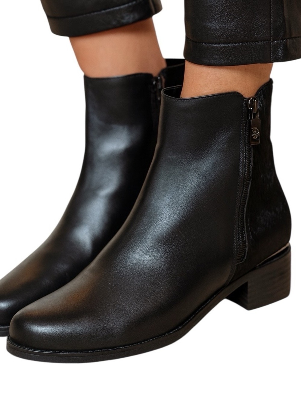 Blondo Aqua Protect Short Boots Leather Bootie & Brahma Hair Black Stacked H1” 9